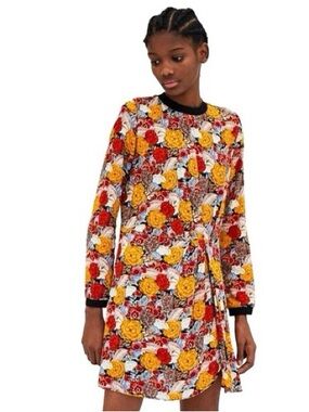 Zara Long-Sleeve Floral Shift Dress in Yellow, Red & White